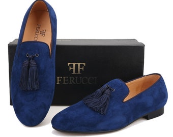 FERUCCI Blue Suede Slippers Loafers With Big Blue Tassel  display picture 1