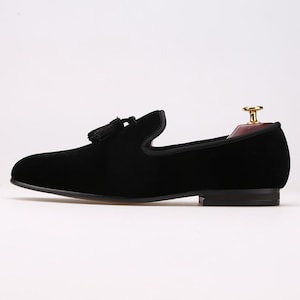 FERUCCI Men Black Velvet Slippers loafers with Black Tassel image 1
