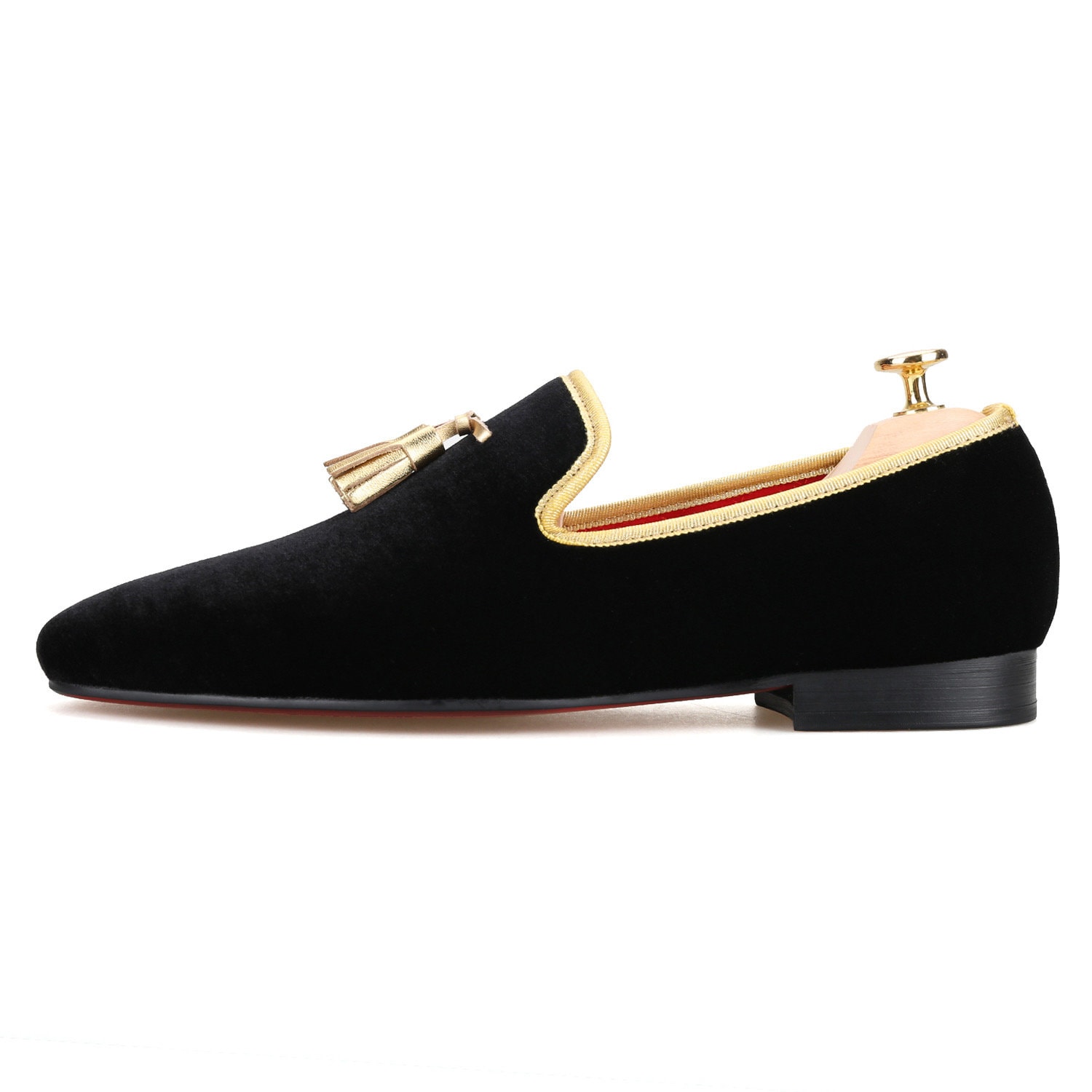 FERUCCI Men Black Velvet Square Toe Gold Tassel Slippers 