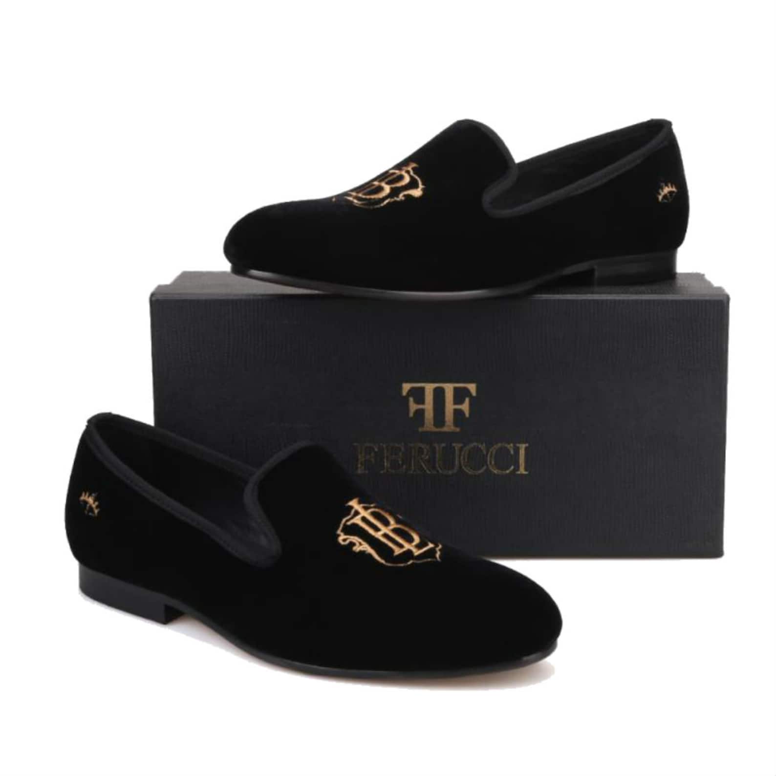 Mocassins Hommes FERUCCI En Velours Noir - Taille 11, Fait Main, Style Smoking Décontracté