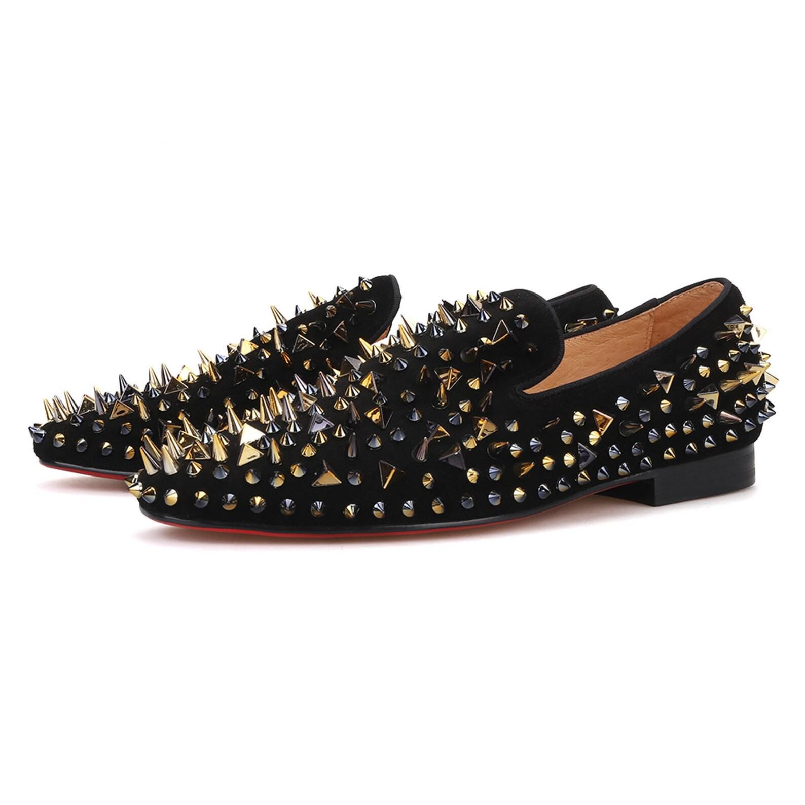 slim fit dress slacks Rock Style Men Loafers / Shoes with Rhinestone Rivets