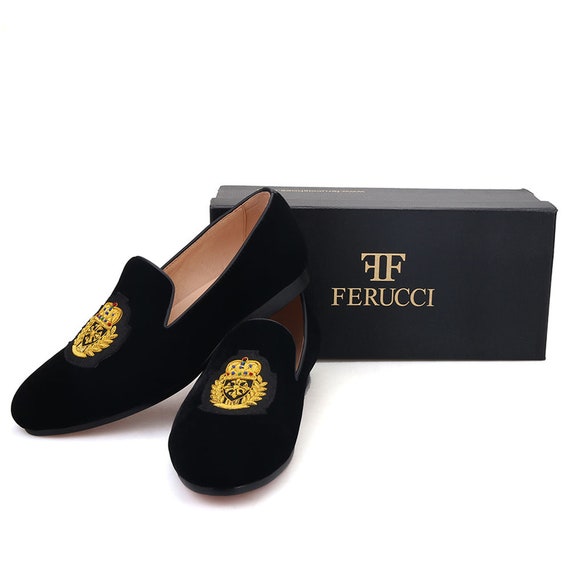 FERUCCI Men Black Velvet Slippers loafers Flats with Gold embroidery Prom Wedding FERUCCI Men Black Velvet Slippers loafers Flats with Gold embroidery Prom Wedding