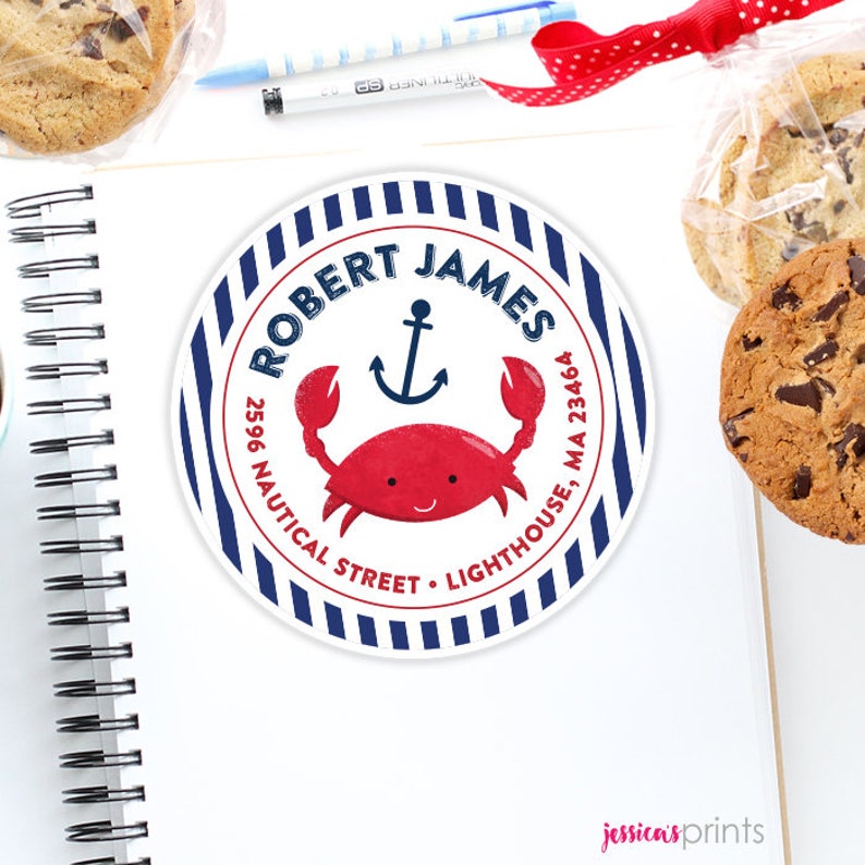 Boys School Address Label Stickers Personalized Address Label Stickers Nautical Crab Custom Address Labels for Kids