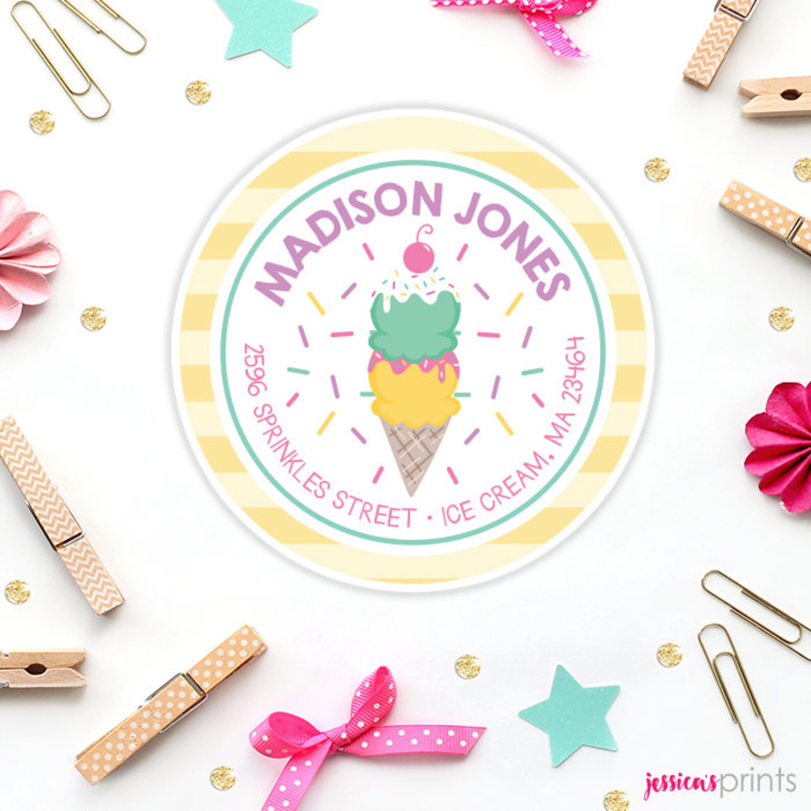 Personalized Ice Cream Cone Address Label Stickers Sprinkles Etsy