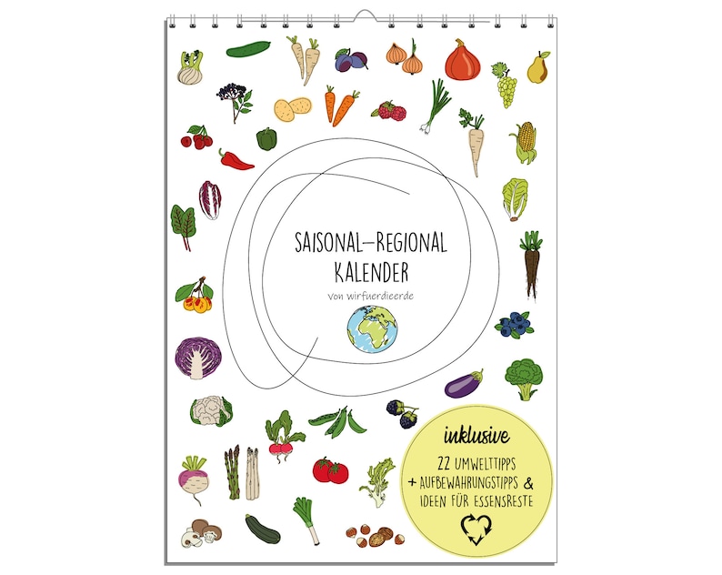 Pu&ograve; includere: Un calendario colorato con illustrazioni di frutta e verdura. Il calendario &egrave; intitolato "Calendario stagionale-regionale" e include 22 consigli ambientali, consigli di conservazione e idee per gli avanzi di cibo.