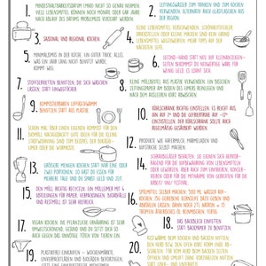 Pu&ograve; includere: Un'infografica colorata con 22 suggerimenti per pratiche di cucina sostenibili. I suggerimenti sono numerati e illustrati con disegni. L'infografica include testo in tedesco, come "Mindesthaltbarkeitsdatum (MHD)" e "K&uuml;hlschrank richtig einstellen".