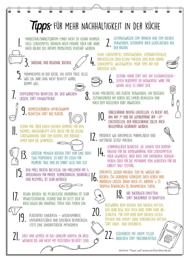 Pu&ograve; includere: Un'infografica colorata con 22 suggerimenti per pratiche di cucina sostenibili. I suggerimenti sono numerati e illustrati con disegni. L'infografica include testo in tedesco, come "Mindesthaltbarkeitsdatum (MHD)" e "K&uuml;hlschrank richtig einstellen".