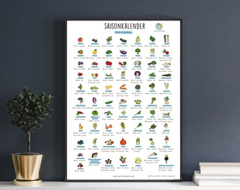 Calendrier saisonnier fruits et légumes A3 A4 A5 aide environnementale jardin aide cuisine écologique