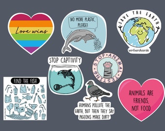 8 Sticker Set - Aufkleber Tierschutz Tierrechte vegan Umwelt umweltfreundlich