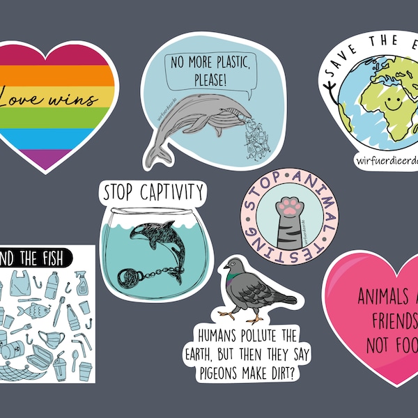 8 Sticker Set - Aufkleber Tierschutz Tierrechte vegan Umwelt umweltfreundlich