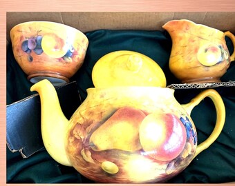 Lovely Porcelain Tea Set...Hand Painted 3 Piece Tea Set..Teapot  Milk and Sugar...Award Winning Artist ...Wonderful Xmas Gift