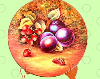 SUMMER FRUIT PLATE..Plums  and Strawberries...Hand Painted by an Award Winning Artist and Teacher..Wonderful Keepsaske.Xmas Gift