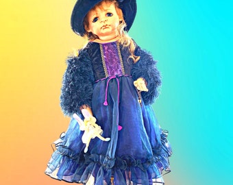 TALL 75 cm Porcelain DOLL..Hand Painted Doll..Designer ART Doll.. Navy and Purple Elaborately Dressed..WonderfulFa,ily  Keepsake