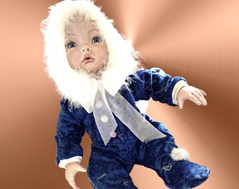 Adorable LITTLE BOY BLUE..Velvet Onesie Baby Doll...Hand Painted Porcelain Doll...Cherished Gift..Great Keepsake.Special Christmasmas Gift