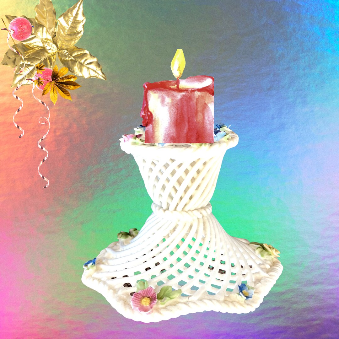 White Floral Basketweavecandle Holder...exquizite Vintage DENTON