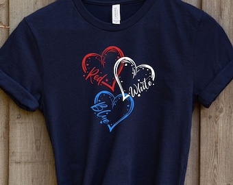 Patriotic T-shirt with red, white and blue hearts, Women's clothing, Summer tops and tees, Graphic shirts, 4th of July clothing,