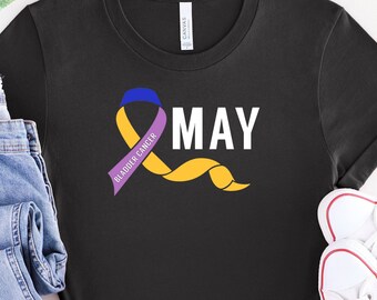 Bladder Cancer Awareness T-shirt, May Awareness, Graphic Tees, Casual Women's Tops, Blue, Purple and Yellow Ribbon, Motivational Shirt