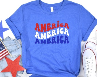 Red, White and Blue Patriotic America T-shirt, America Graphic Tee, Colorful Women's Top, Casual Comfort for any Patriotic Holiday.