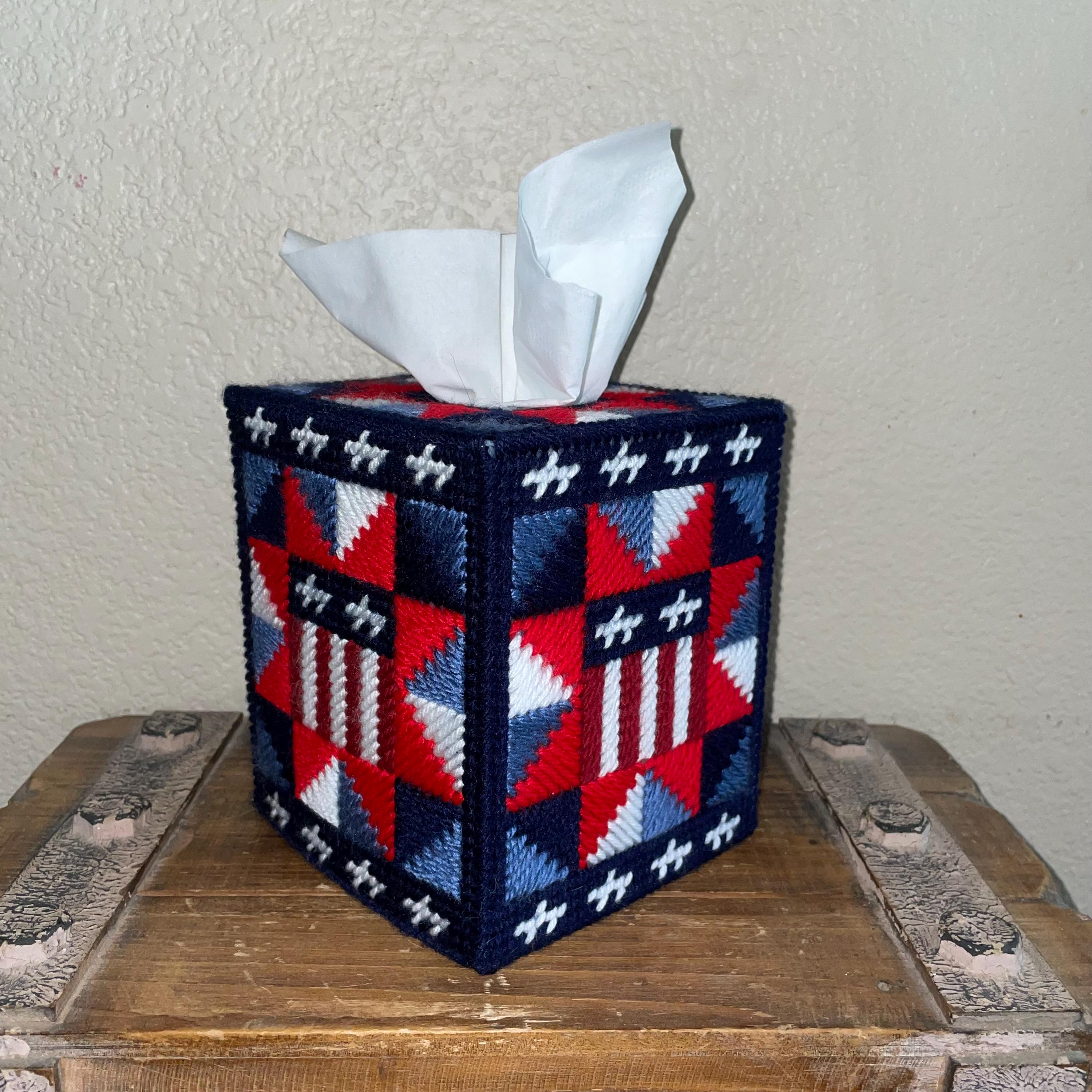 Patriotic Tissue Box Cover, 4th of July, Independence Day, Red, White and Blue, American, Home Decor, Gift for Mom, Plastic Canvas, Handmade