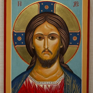 Hand painted Byzantine icon of Jesus Christ on wood with 22.5 carat gold.