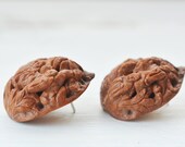 VINTAGE Carved Miniature Monks nut Stud Sterling Silver earring, statement, large, chinese, japanese, seed, tiny sculpture, netsuke, Buddha