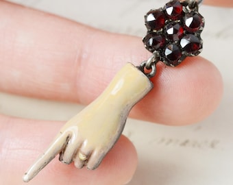 ANTIQUE Rose Cut Garnet Enamel Pointing Hand With Wedding Ring, hand good luck charm antique model moulded and recast