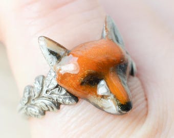 Enamel Fox Sterling Silver Ring On Georgian Floral Band, unique forest animal ring on a band with leafs and shells