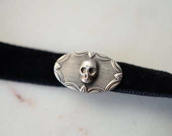 ANTIQUE Skull Art Deco Sterling Silver Black Velvet Choker Necklace, velvet ribbon, rococo style choker, romantic, unusual, rare, bohemian