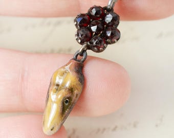 ANTIQUE Rose Cut Garnet Enamel Snake Head, snake good luck charm antique model moulded and recast