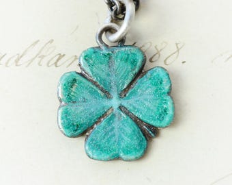 Sterling Silver Turquoise Hand Painted Enamel Four Leaf Clover, clover luck charm, Victorian inspired