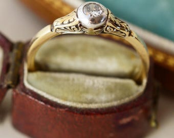 ANTIK Diamant mit altem Schliff 14 Karat Gold Jugendstil Austro - ungarischer geätzter Verlobungsring, viktorianischer Knopf von spätem 1800