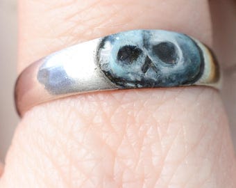 DIVORCE RING - Blue Enamel Skull Sterling Silver Band Ring - Handmade Memento Mori Stacking Ring