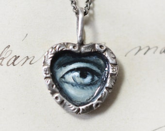 SALE! B W Lover's Eye Heart Sterling Silver Pendant, antique Georgian recast pendant good luck, original ModestBirdyStudio oil painting