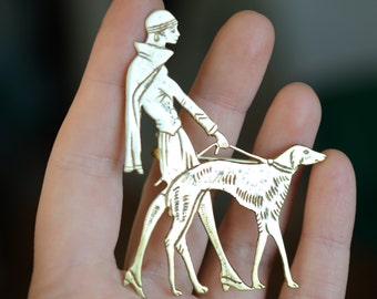 ANTIQUE Brass Large Lady and  Grayhound Edwardian Flapper, Art Deco Brooch Pin, statement jewelry, handmade, unusual large fun, collectible
