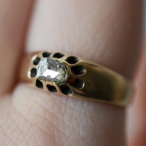 ANTIQUE Rose Cut 5 mm Diamond Ring 14k Gold, ornate buttercup setting gipsy engagement promise ring Georgian Austro Hungarian 1800 Victorian