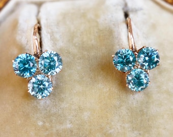 ANTIQUE Victorian Blue Zirconia Forget Me Not Crown Setting 9ct Yellow Gold BEAUTIFUL Earrings, &#39;something blue&#39; wedding jewelry berry cz