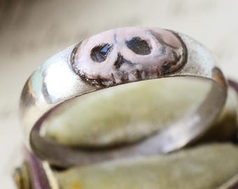 DIVORCE RING - Pale Pink Enamel Skull Sterling Silver Band Ring - Handmade Memento Mori Stacking Ring