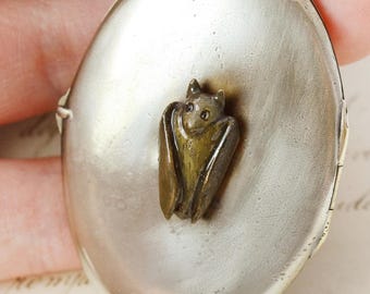 ANTIQUE Alpaca Locket with Enamel Baby Bat, LARGE Statement Pendant. Unique old locket with new handmade bat, cute animal jewelry!