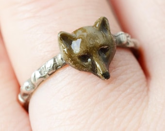 Enamel Brown Bear Sterling Silver Ring, Ornate Band, unique forest animal fox or bear
