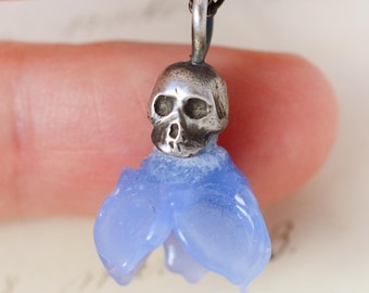 ANTIQUE Memento Mori Blue Glass Flower and Skull Handmade Pendant, old flower, new skull