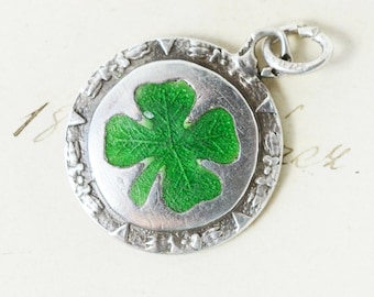ANTIQUE Round Lucky Clover Enamel Sterling Silver Pendant, classic Austro-Hungarian good luck four leaf clover