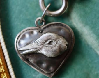 VINTAGE DUCKRABBIT on Raggedy Heart Sterling Silver Pendant, Wittgenstein&#39;s optical illusion duck-rabbit, not as it seems funny love charm,
