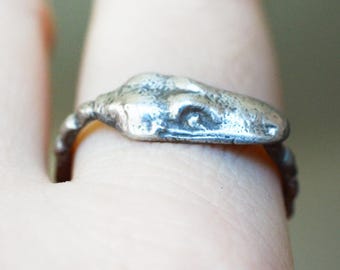 Smiling Ouroboros Sterling Silver Handmade Ring with Georgian moulded and recast bounty ring band and Art Nouveau snake head