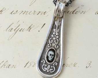 VINTAGE, Enamel Skull Silver Plated Old Recycled Soviet Spoon Handle from the USSR, memento mori vanitas jewelry