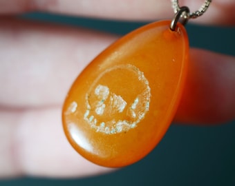 VINTAGE Skull Memento Mori Amber Pendant, Large statement size Vanitas skeleton etching newly added, orange amber drop shape, good luck