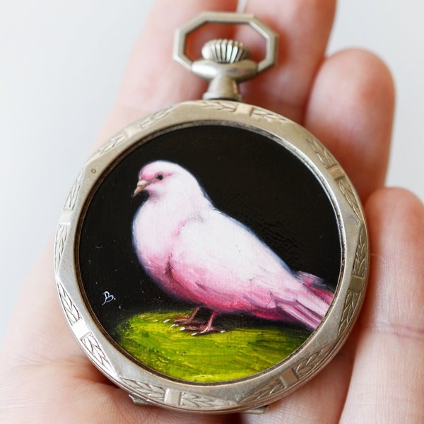 ANTIQUE Pink Dove of Peace Pocket Watch Case Pendant, Austro Hungarian, oil on canvas miniature art,  ModestBirdyStudio original, large