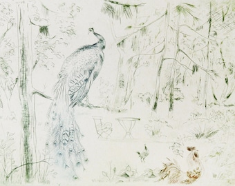 ANTIQUE 'Lily Garden' Greenish Lithography on Paper, 96/100, 24 x 39 cm, chromolithography, peacock, rooster, chair in a garden, pine forest