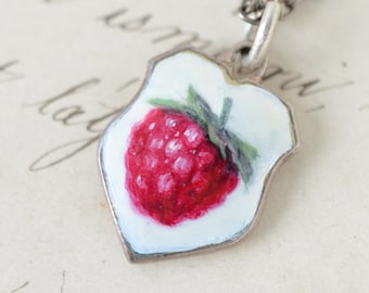 ANTIQUE Sterling Silver Travel Charm with new Raspberry Oil Painting,  800 Sterling Silver Austro Hungarian pendant, fruit food hand painted