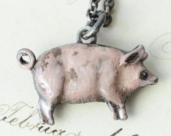 Enamel Pig Sterling Silver Pendant. Unique handmade cute farm animal jewelry! Piggy piglet swine bore