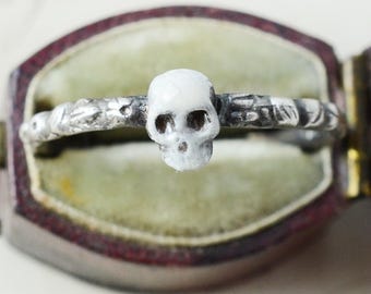 Enamel Skull Sterling Silver Engagement Ring On Georgian Floral Band - Handmade Memento Mori Promise Ring
